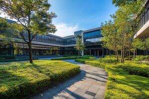 Modern office building with a landscaped courtyard. photo