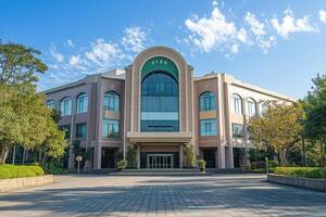 Modern office building with a grand entrance and manicured landscaping. photo