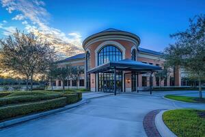 Modern office building with a large glass entrance and landscaping. photo