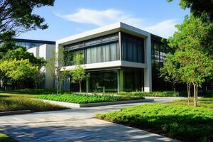 Modern office building with green landscaping and paved walkway. photo