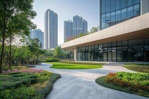 Modern office building with landscaped park. photo