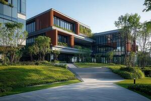 Modern office building with landscaped grounds and a walkway leading to the entrance. photo
