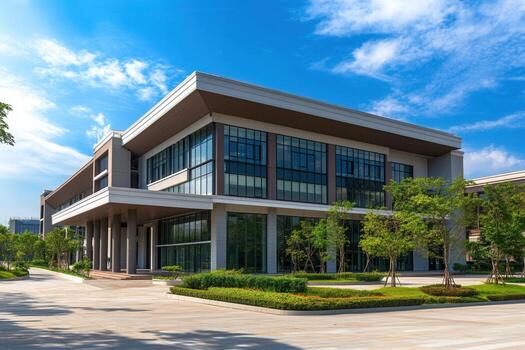 A modern office building with trees and grass photo