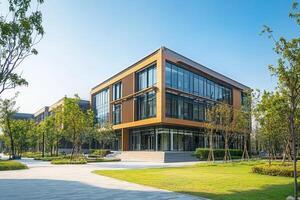 Modern office building with landscaped grounds. photo