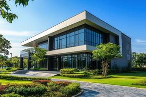 Modern office building with landscaped grounds. photo