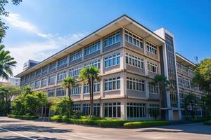 Modern office building with palm trees in front. photo