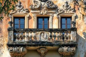 Ornate balcony with three windows and stone embellishments on a weathered facade. photo