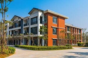 Modern townhouse complex with landscaped grounds. photo