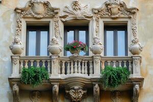 Ornate balcony with three windows and potted plants. photo