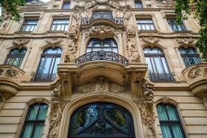 Ornate facade of a building with a balcony and a large door. photo