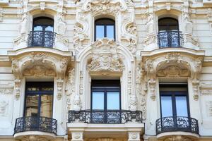 Ornate facade of a building with balconies and windows. photo