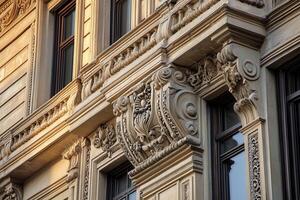 Ornate stonework and windows on an old building. photo