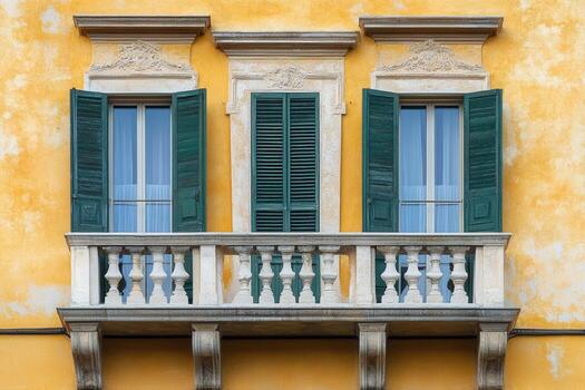 Three windows with green shutters and a white stone balcony on a yellow wall. photo