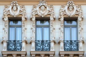Three ornate windows with balconies on a white building facade. photo