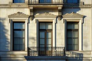 Three windows and a balcony on a stone building facade. photo