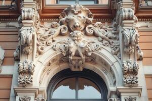 Ornate stone archway with intricate carvings. photo