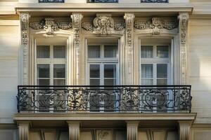 Three windows with ornate balcony on a Parisian building. photo