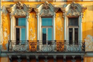 Three windows with ornate trim on a yellow building. photo