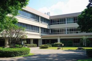 Modern school building with lush greenery. photo