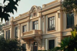 Elegant mansion with a balcony and ornate details. photo