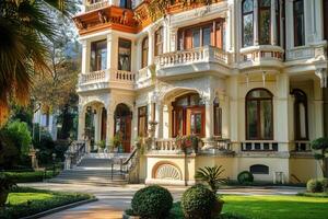 Grand, ornate mansion with a landscaped garden and palm trees. photo