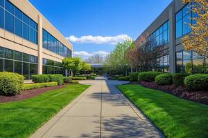 Landscaped walkway between modern office buildings. photo