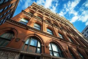 Low angle view of an old brick building with arched windows against a blue sky. photo