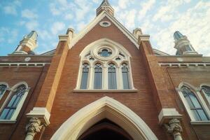 Low angle view of a brick church with arched entrance. photo