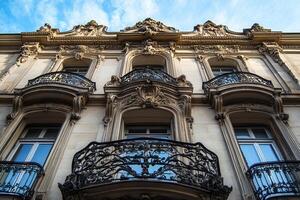 Low angle view of ornate building facade with balconies. photo