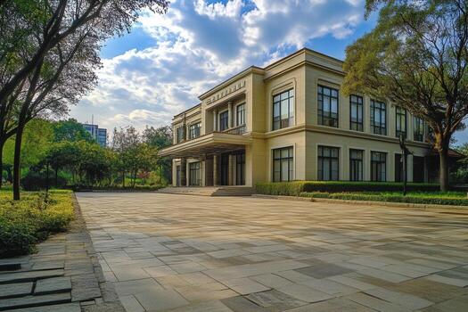 Modern building with a large paved driveway and lush green trees. photo