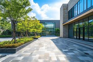 Modern building with a paved walkway and landscaping. photo
