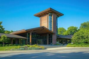 Modern building with a tower and an entrance with a canopy. photo