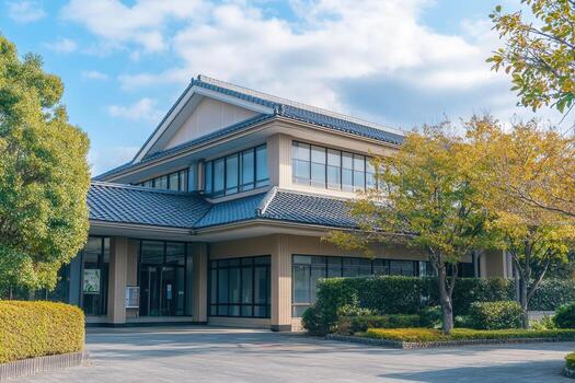 Modern building with a traditional Japanese roof style, surrounded by trees and greenery. photo