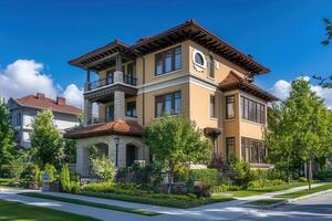 Modern yellow mansion with green lawn and blue sky. photo