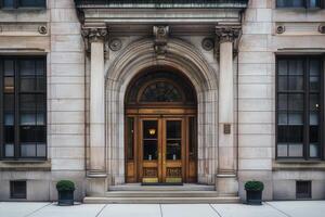 Ornate arched doorway with wood double doors and stone columns in an urban building. photo