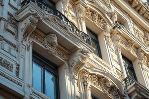 Ornate architectural details on a historic building facade. photo