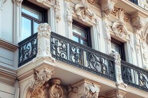 Ornate balcony with wrought iron railing on an old building facade. photo