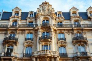 Ornate facade of a historic building with balconies and decorative details. photo