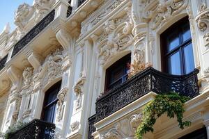 Ornate facade of a historic building with balconies and intricate detailing. photo
