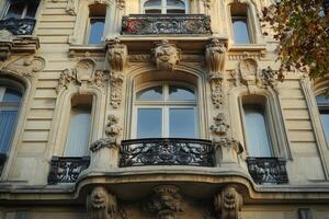 Ornate facade of a historic building with intricate details and a wrought iron balcony. photo