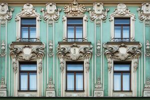 Ornate facade with six windows and intricate decorative elements. photo