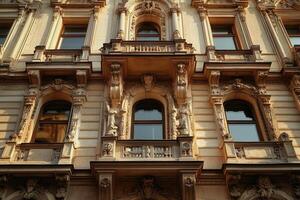 Ornate facade of an old building with intricate details. photo