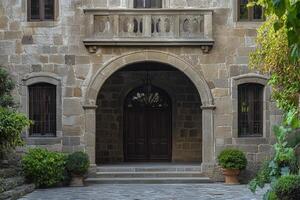 Stone building with arched doorway and balcony. photo