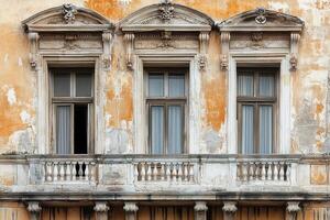 Three arched windows on a weathered, yellow building facade with a stone balcony. photo