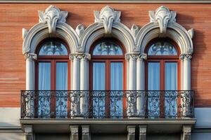 Three arched windows with ornate trim and balcony. photo