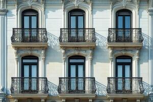 Six symmetrical balconies with wrought iron railings on a white building. photo