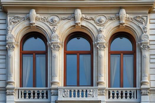 Three arched windows with ornate stonework and a balcony on a historic building facade. photo