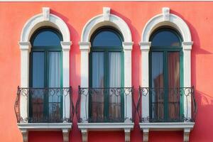 Three arched windows with wrought iron balconies on a pink wall. photo