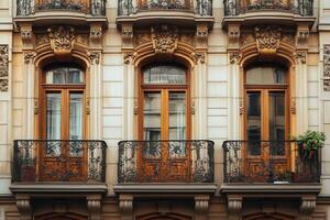 Three ornate balconies with wooden doors and wrought iron railings on a historic building facade. photo