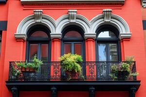 Three arched windows with balconies and potted plants on a red building facade. photo